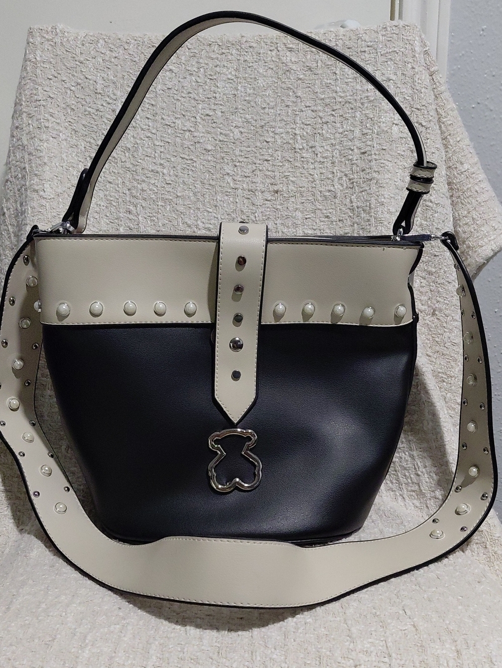 Tous Black and Cream Studded Shoulder Bag with Bear Charm
